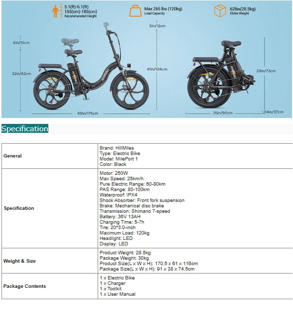 E-bike specifications with dimensions and features on a blue and white background