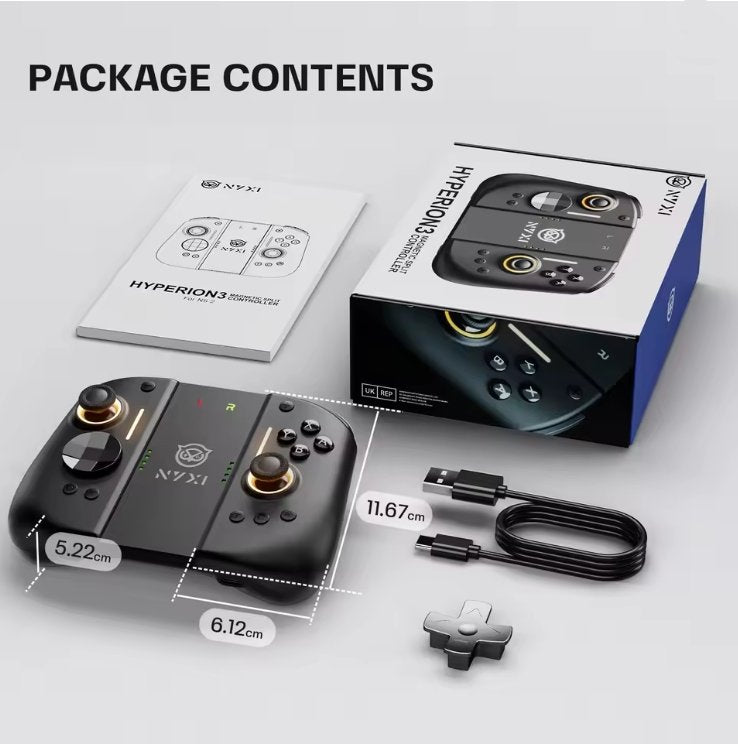 NYXI Hyperion3 controller package contents displayed on a white surface, including dual magnetic controllers with gold joysticks, detachable D‑pad, USB‑C charging cable, instruction manual, and retail box with product branding and dimensions labeled.