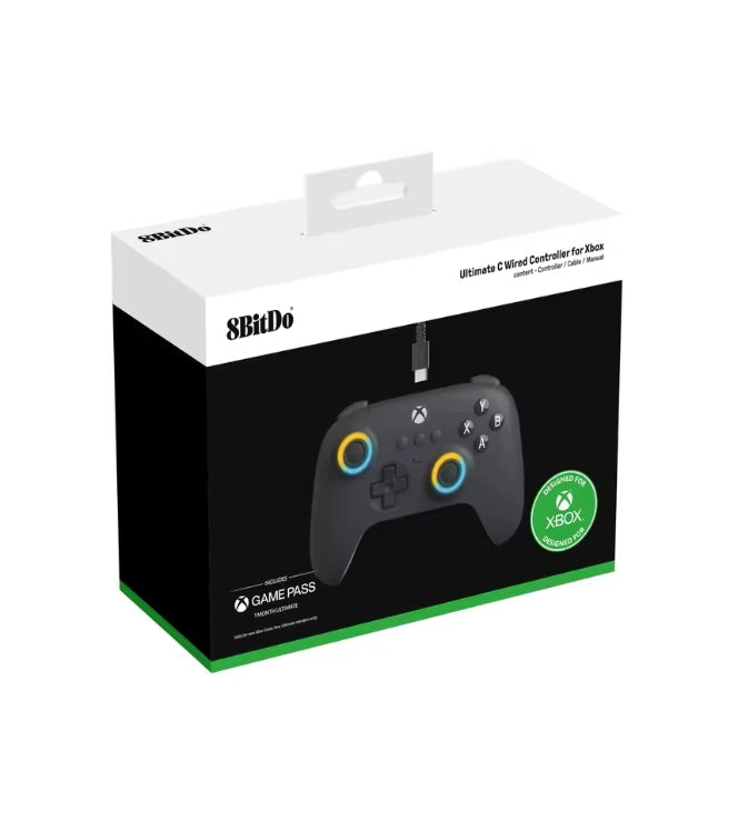 Retail packaging box for the 8BitDo Ultimate C Wired Controller for Xbox, featuring product image of a dark grey controller with yellow‑green joystick rings, “Designed for Xbox” certification badge, and Game Pass branding on a white‑and‑black box with green accent base.