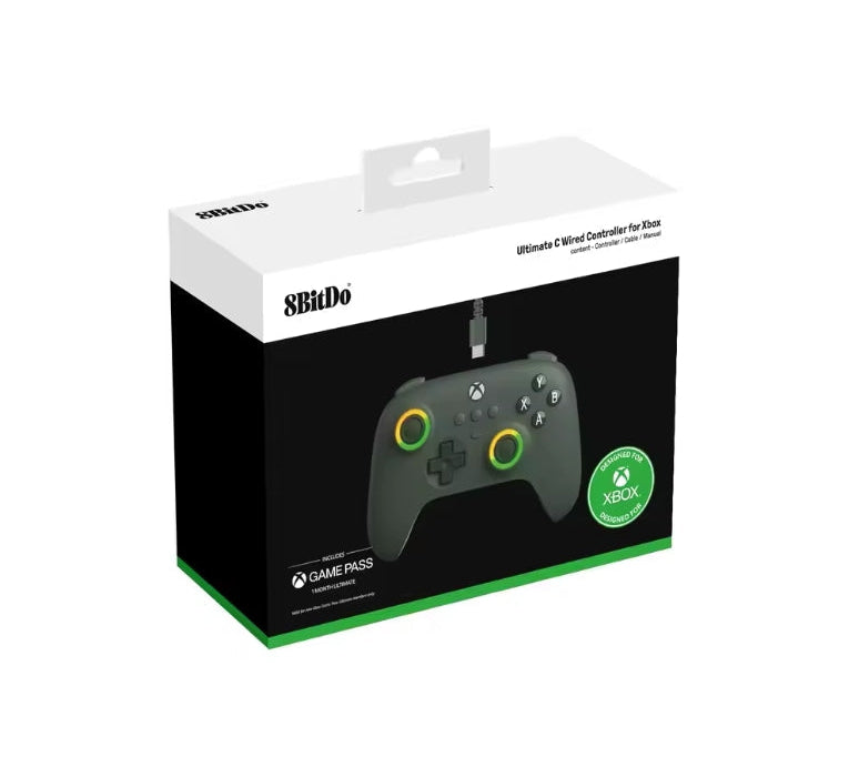 Retail packaging box for the 8BitDo Ultimate C Wired Controller for Xbox, featuring product image of a dark green controller with yellow‑green joystick rings, “Designed for Xbox” certification badge, and Game Pass branding on a white‑and‑black box with green accent base.