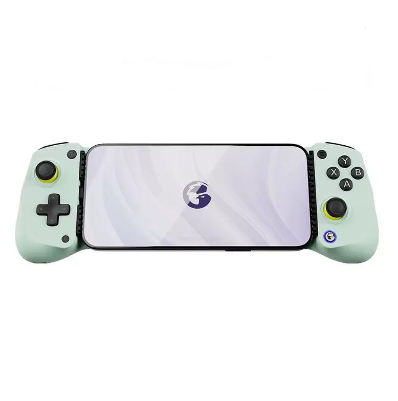 Front-angled studio product shot of the GameSir X5 Lite Mobile Gaming Controller in the unique Wasabi (light green) colorway, mounted with a smartphone displaying the GameSir app interface. The image highlights the black D-pad, ABXY buttons, yellow joystick accent rings, and ergonomic grips.
