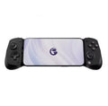 Front-angled studio product shot of the GameSir X5 Lite Mobile Gaming Controller in black, mounted with a smartphone displaying the GameSir app interface. The image highlights the black D-pad, ABXY buttons, yellow joystick accent rings, and ergonomic grips.