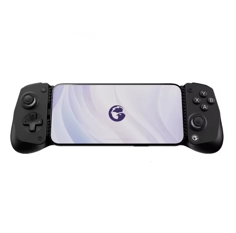 Front-angled studio product shot of the GameSir X5 Lite Mobile Gaming Controller in black, mounted with a smartphone displaying the GameSir app interface. The image highlights the black D-pad, ABXY buttons, yellow joystick accent rings, and ergonomic grips.