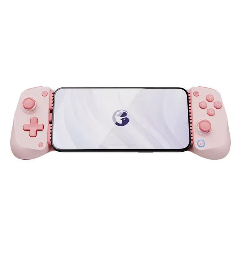 Front-angled studio product shot of the GameSir X5 Lite Mobile Gaming Controller in pink, mounted with a smartphone displaying the GameSir app interface. The image highlights the black D-pad, ABXY buttons, yellow joystick accent rings, and ergonomic grips.