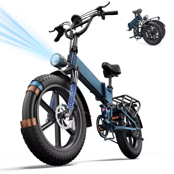 Blue electric bike with large wheels on a white background showing a small insert of the e-bike folded