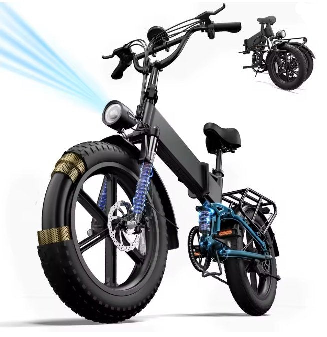 Black electric bike with a small inset showing it folded, on a white background.