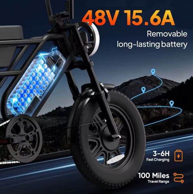 Electric bike with a removable long-lasting battery pack, showing specifications on a dark background.