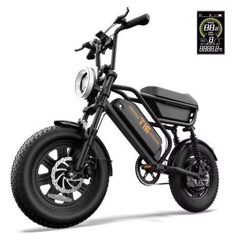 Black electric bike with digital display on a white background
