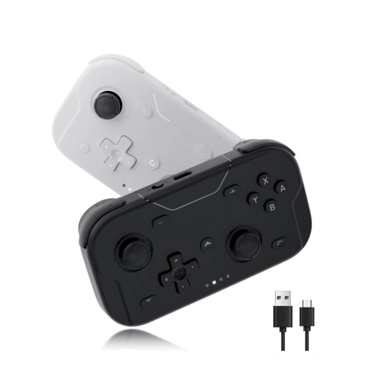 Black and white AceGamer Pocket Controllers with dual joysticks, D‑pads, and action buttons, shown with USB‑C charging cable. Compatible with Nintendo Switch, Android, iOS, PC, and Steamdeck.