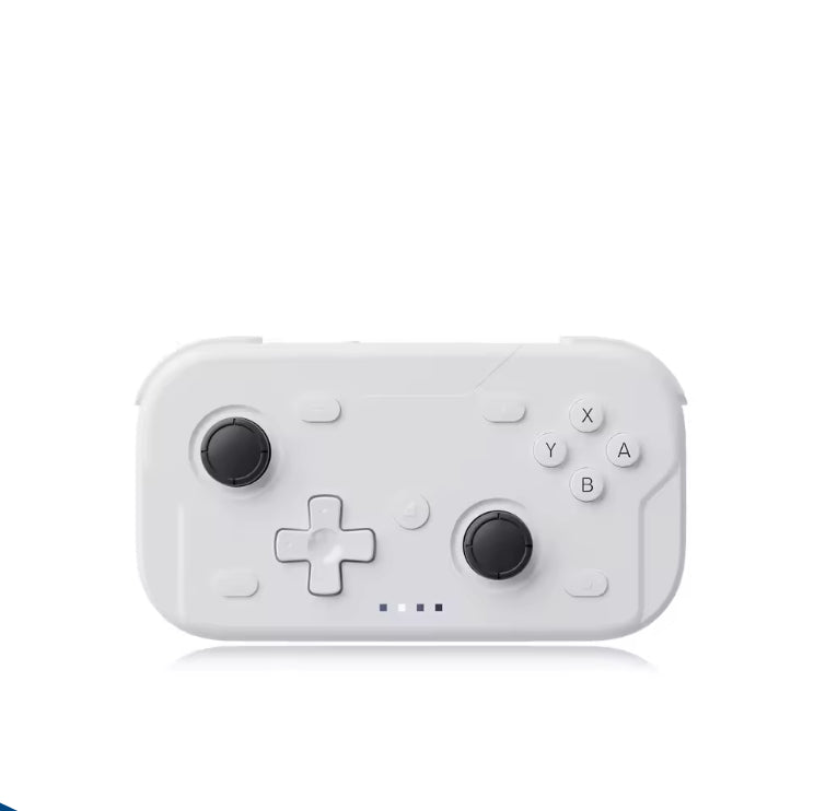 AceGamer Pocket Game Controller shown in white, featuring a compact, rectangular design with offset joysticks, a D-pad, ABXY face buttons, shoulder buttons, and a reflective base on a pure white background.