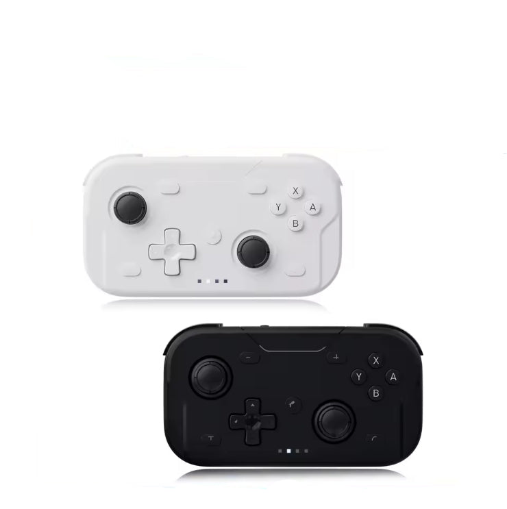 Two AceGamer Pocket Game Controller shown in black and white, featuring a compact, rectangular design with offset joysticks, a D-pad, ABXY face buttons, shoulder buttons, and a reflective base on a pure white background.