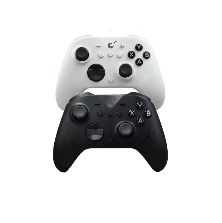 GuliKit ES Pro Wireless Gamepad shown in black and white variants. Both controllers feature dual analog sticks, D‑pad, ABXY buttons, and ergonomic design with precision TMR joystick technology for multi‑platform gaming.