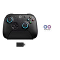 8BitDo Ultimate 2 Wireless Controller in black docked on its magnetic charging stand, featuring RGB lighting fire rings around the TMR joysticks, action buttons, 2.4GHz wireless USB adapter, and included thumb caps.