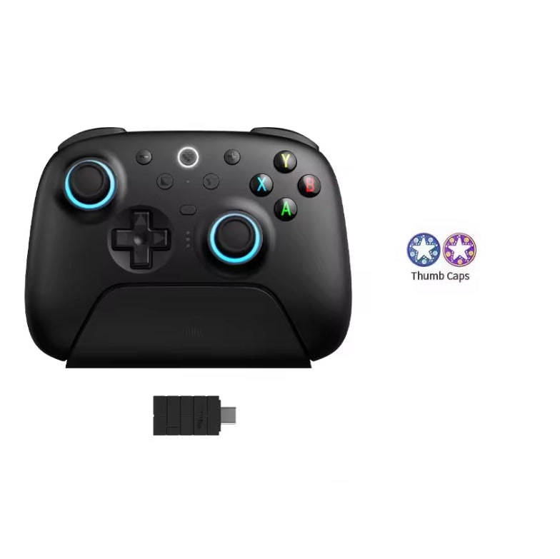 8BitDo Ultimate 2 Wireless Controller in black docked on its magnetic charging stand, featuring RGB lighting fire rings around the TMR joysticks, action buttons, 2.4GHz wireless USB adapter, and included thumb caps.