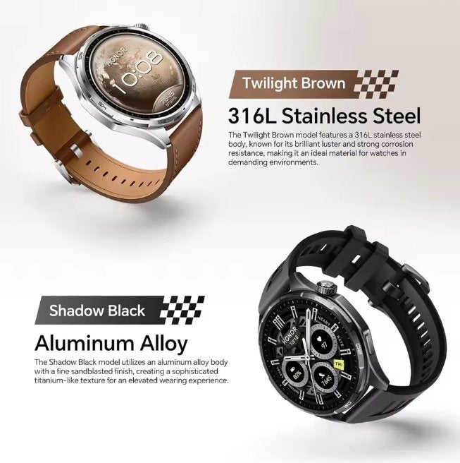 HONOR Watch 6 color options showing Twilight Brown stainless steel and Shadow Black aluminum alloy models