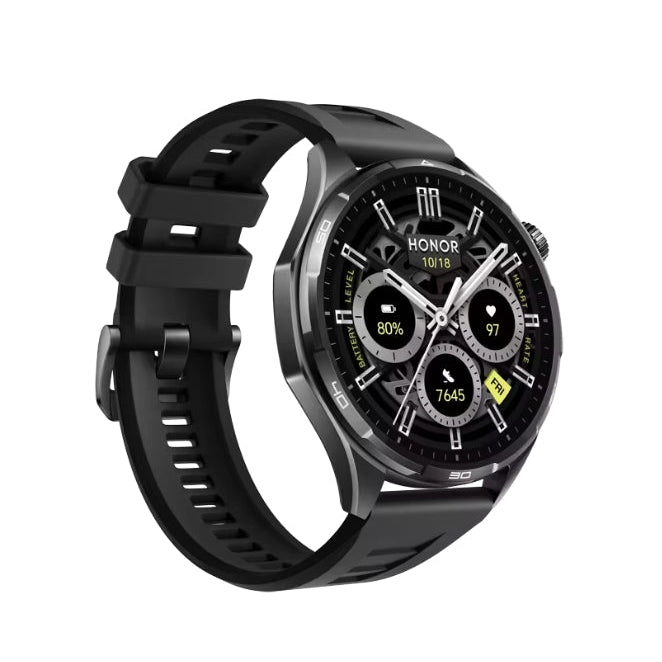 HONOR Watch 6 Shadow Black smartwatch angled side profile showing rugged casing and button layout