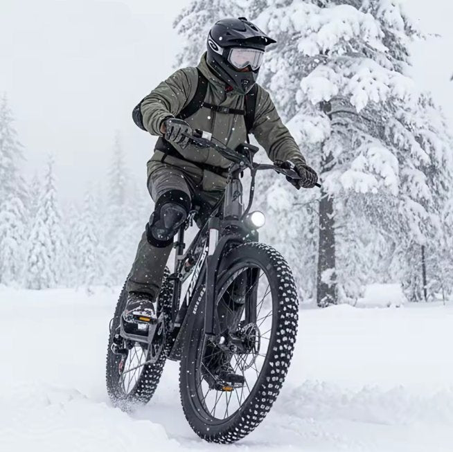 Person riding a fat-tire bike in a snowy forest