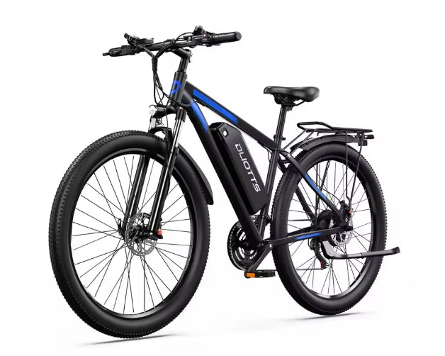 Black electric bicycle with blue accents on a white background