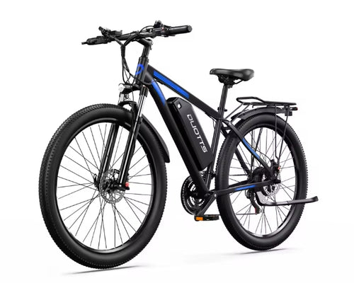 Black electric bicycle with blue accents on a white background
