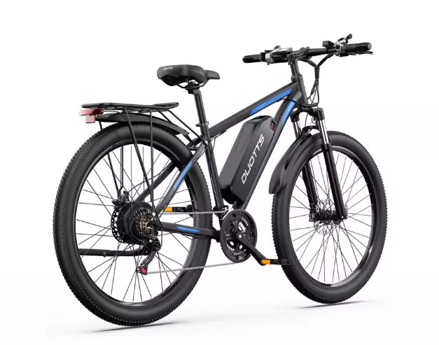 Black electric bicycle with blue accents on a white background