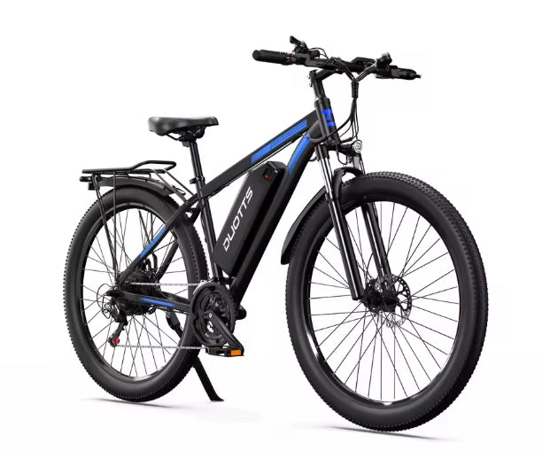 Electric bicycle with black frame and blue accents on a white background