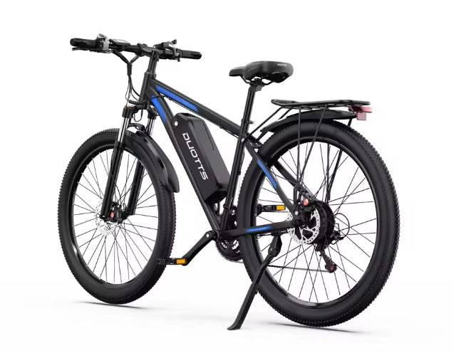 Black electric bicycle with blue accents on a white background