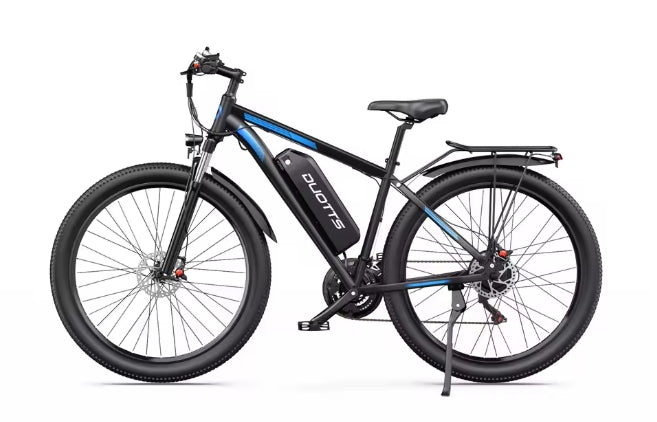 Black electric bicycle with blue accents on a white background