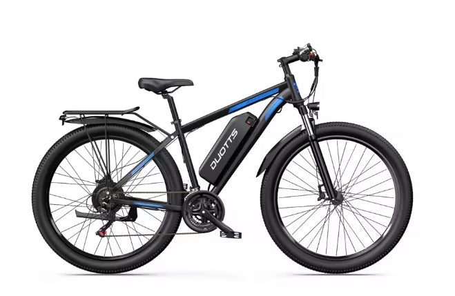 Black electric bicycle with blue accents on a white background