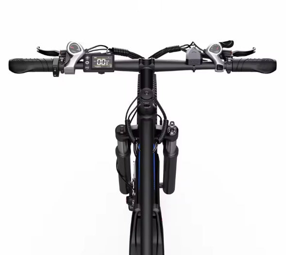 Close-up of a bicycle handlebar with control buttons on a white background