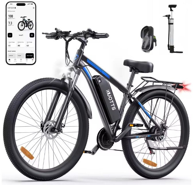 Electric bike with smartphone app display, headlight, and pump on a white background