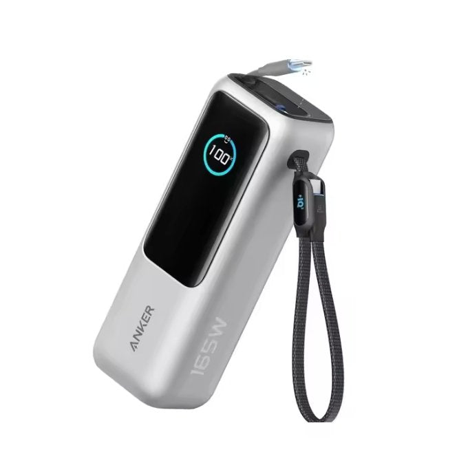Anker 165W portable power bank in silver and black, featuring a digital display screen showing 100% battery level, a built-in black wrist strap, and a USB-C connector tip, on a solid white background.