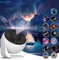A white and black space-themed projector lamp shown casting light beams over a starry sky and mountain landscape scene. The right side shows a vertical row of circular sample projections including planets, galaxies, nebulae, and stars.