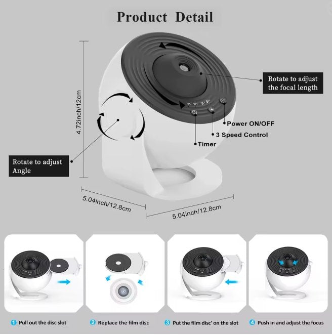 Product detail diagram of a white and black projector with dimensions and feature callouts, plus four small inset photos showing disc replacement steps, on a light gray background.