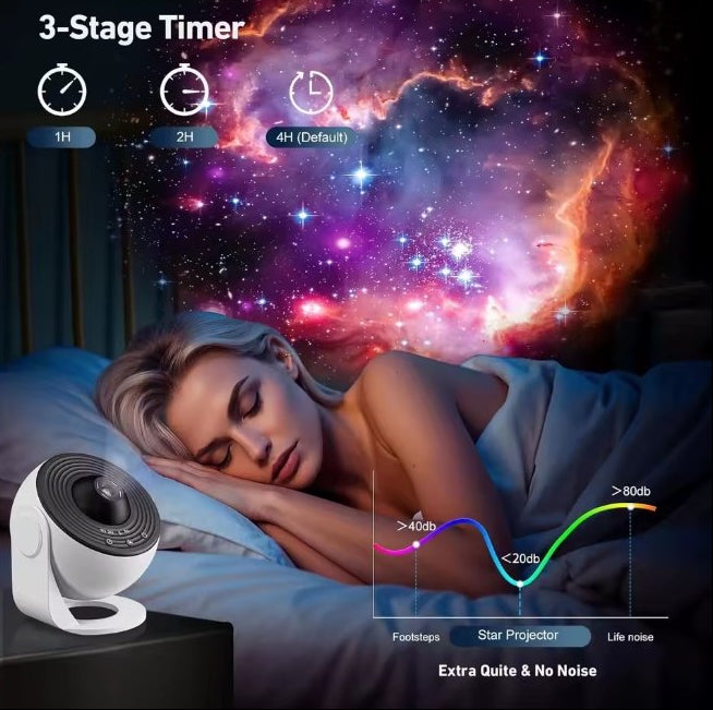 Woman sleeping with a white silent machine and star projector in front of a colorful nebula.
