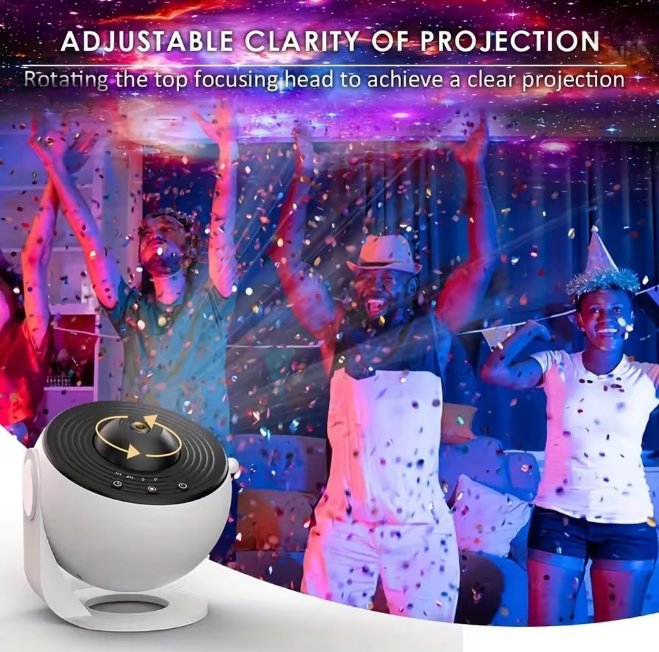 A portable projector lamp shown in the foreground with promotional text at the top reading 'ADJUSTABLE CLARITY OF PROJECTION' and a party scene in the background demonstrating light projection.