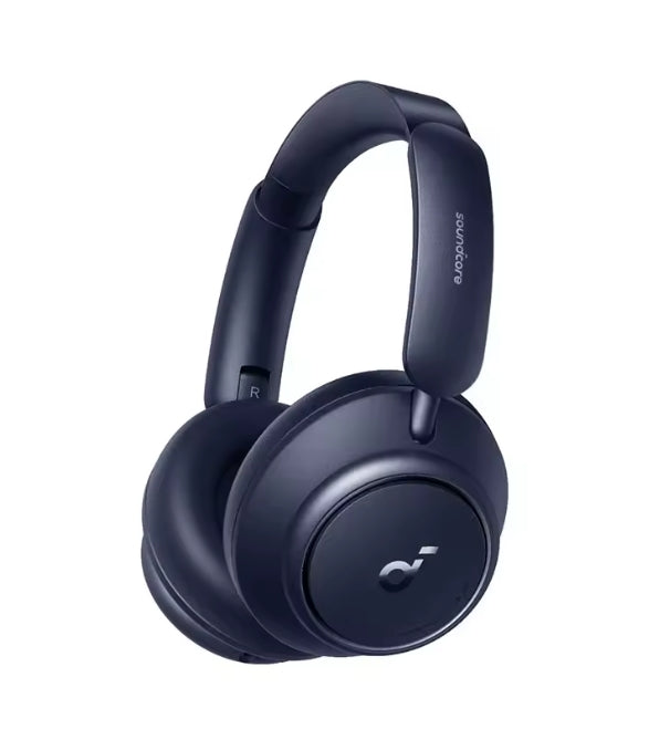 A pair of over-ear wireless headphones in a dark navy blue color, shown from a three-quarters angle on a solid white background. The brand name 'Soundcore' is printed vertically on the headband, and a stylized logo is visible on the ear cup.