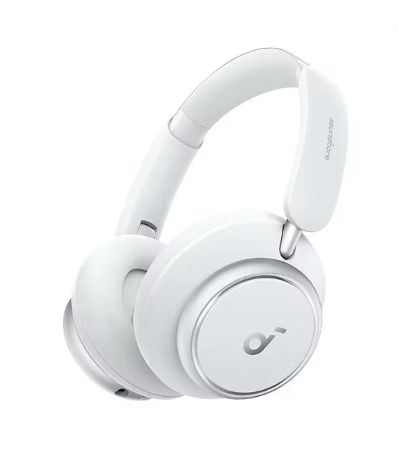 White over-ear wireless headphones with a sleek modern design, featuring a padded headband and ear cups, shown on a solid white background.