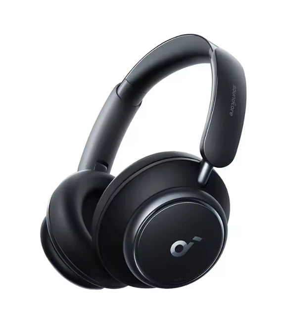 Black over-ear wireless headphones with a sleek modern design, featuring a circular logo on the ear cup and the brand name on the headband, shown against a plain white background.