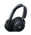 Black over-ear wireless headphones with a sleek modern design, featuring a circular logo on the ear cup and the brand name on the headband, shown against a plain white background.