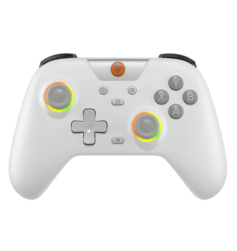 White wireless gaming controller with pink buttons and LED‑lit analog sticks, featuring a modern ergonomic design.