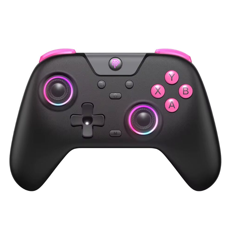  Black wireless gaming controller with pink buttons and LED‑lit analog sticks, featuring a modern ergonomic design.