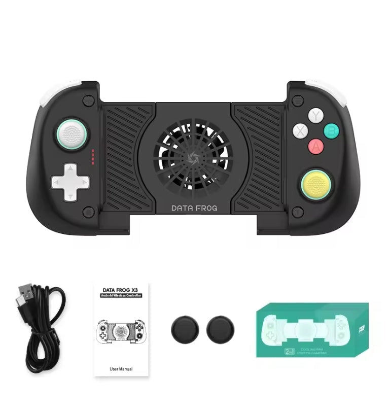 Data Frog X3 Stretchable Mobile Gamepad in Matte Black with active cooling fan, Hall-Effect joysticks, and included accessories