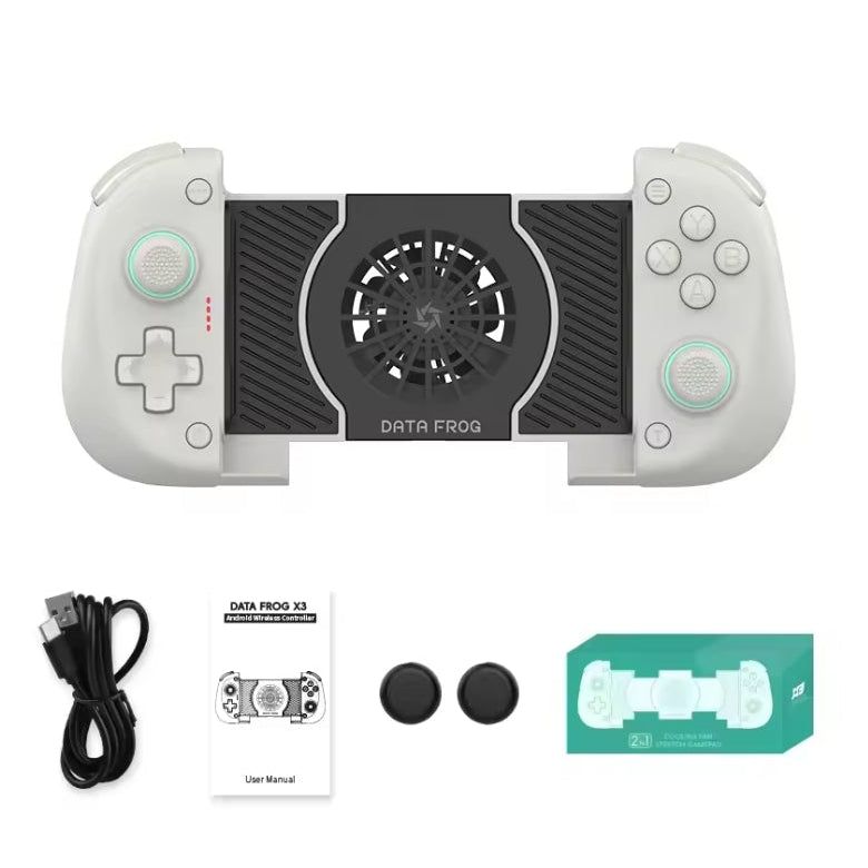 Data Frog X3 Stretchable Mobile Gamepad in Matte White with active cooling fan, Hall-Effect joysticks, and included accessories