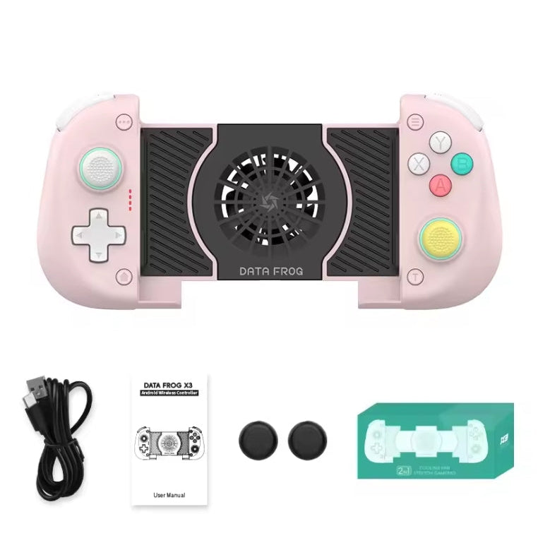 Data Frog X3 Stretchable Mobile Gamepad in Pink with active cooling fan, Hall-Effect joysticks, and included accessories
