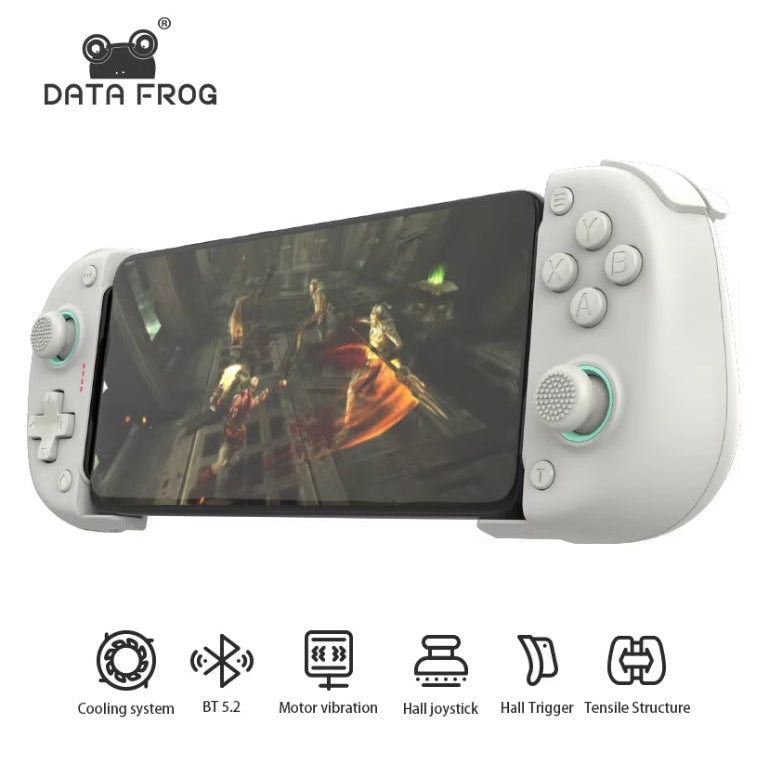 White Data Frog handheld controller with phone display, dual joysticks, and icons for cooling, Bluetooth 5.2, and Hall features.
