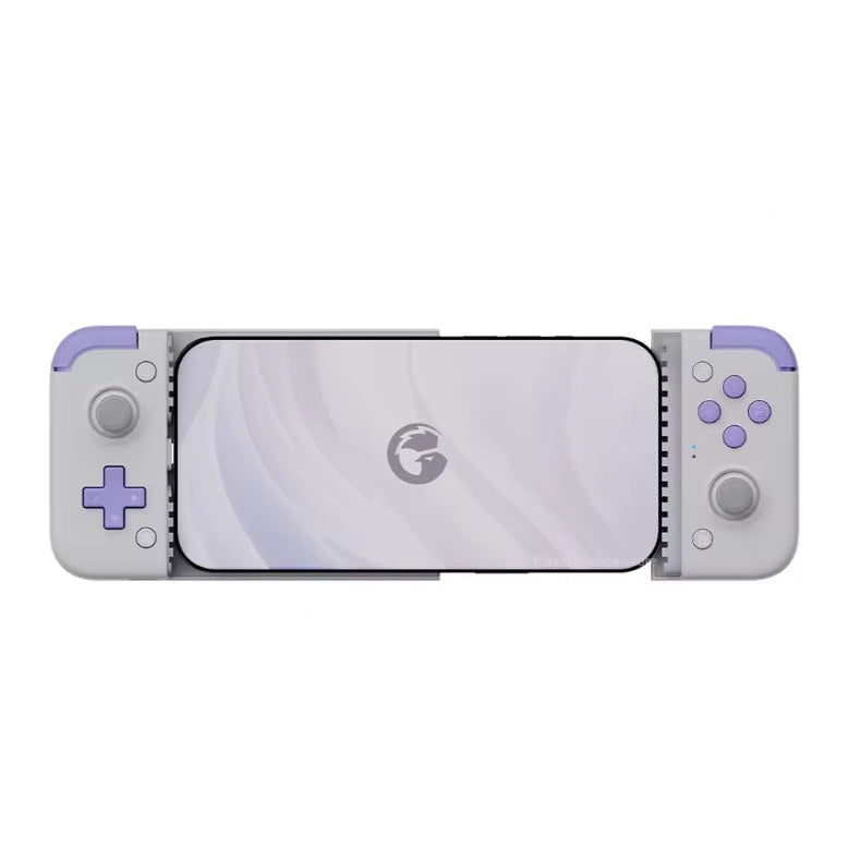 GameSir X2s Type-C mobile gaming controller attached to a smartphone in purple and white