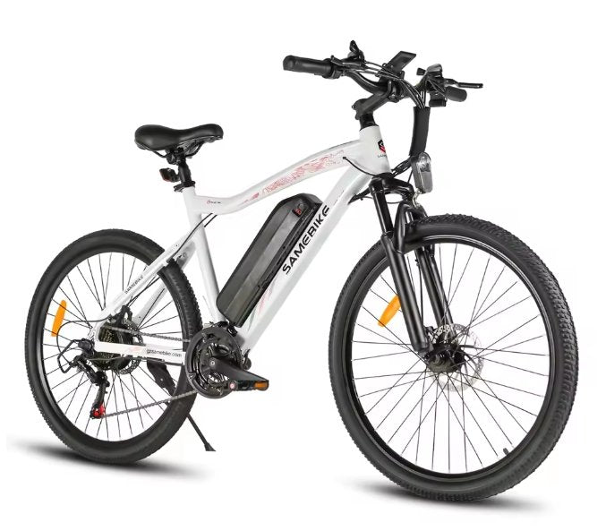 White electric bicycle with black components on a white background