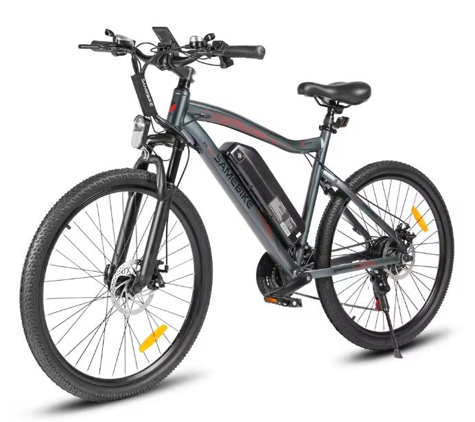 Grey electric bicycle with a visible brand logo on a white background