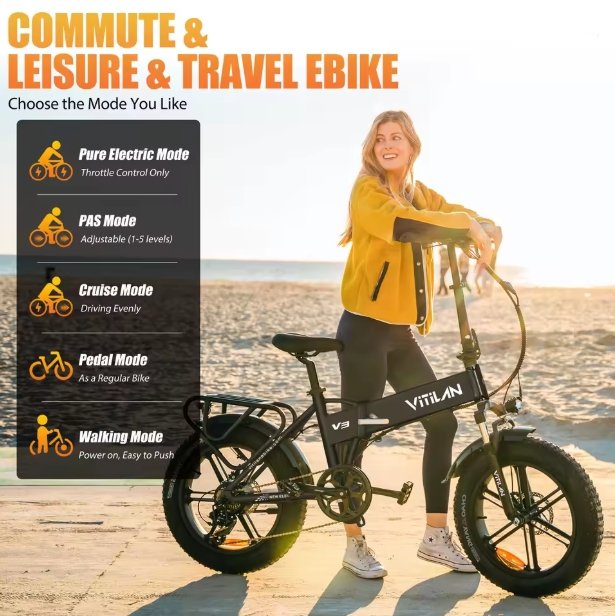 VITILAN V3 2.0 Folding Electric Bike 20 Inch Fat Tire 750W Motor 48V 13Ah Off Road E‑Bike