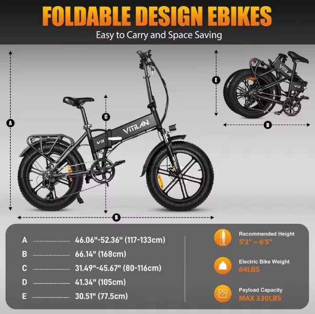 VITILAN V3 2.0 Folding Electric Bike 20 Inch Fat Tire 750W Motor 48V 13Ah Off Road E‑Bike